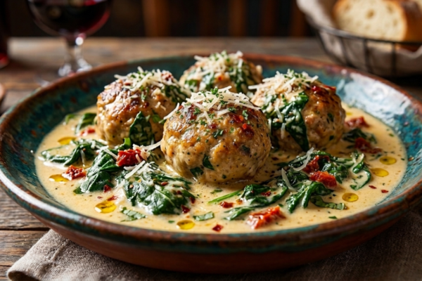 Almôndegas de frango com molho cremoso e espinafre