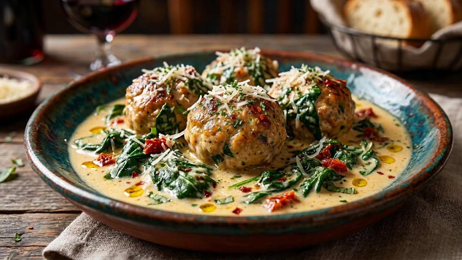 Almôndegas de frango com molho cremoso e espinafre